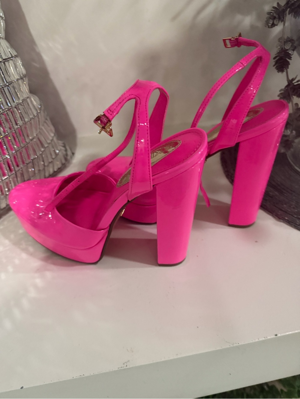 Express Hot Pink Patent Platform Slingback Heels - Picture 2 of 5